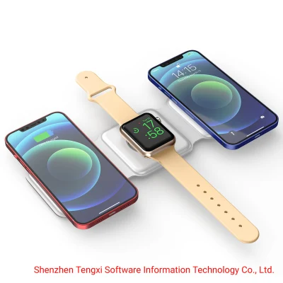 Cargador inalámbrico magnético de triple pliegue para Smart Phone Smart Watch y Tws